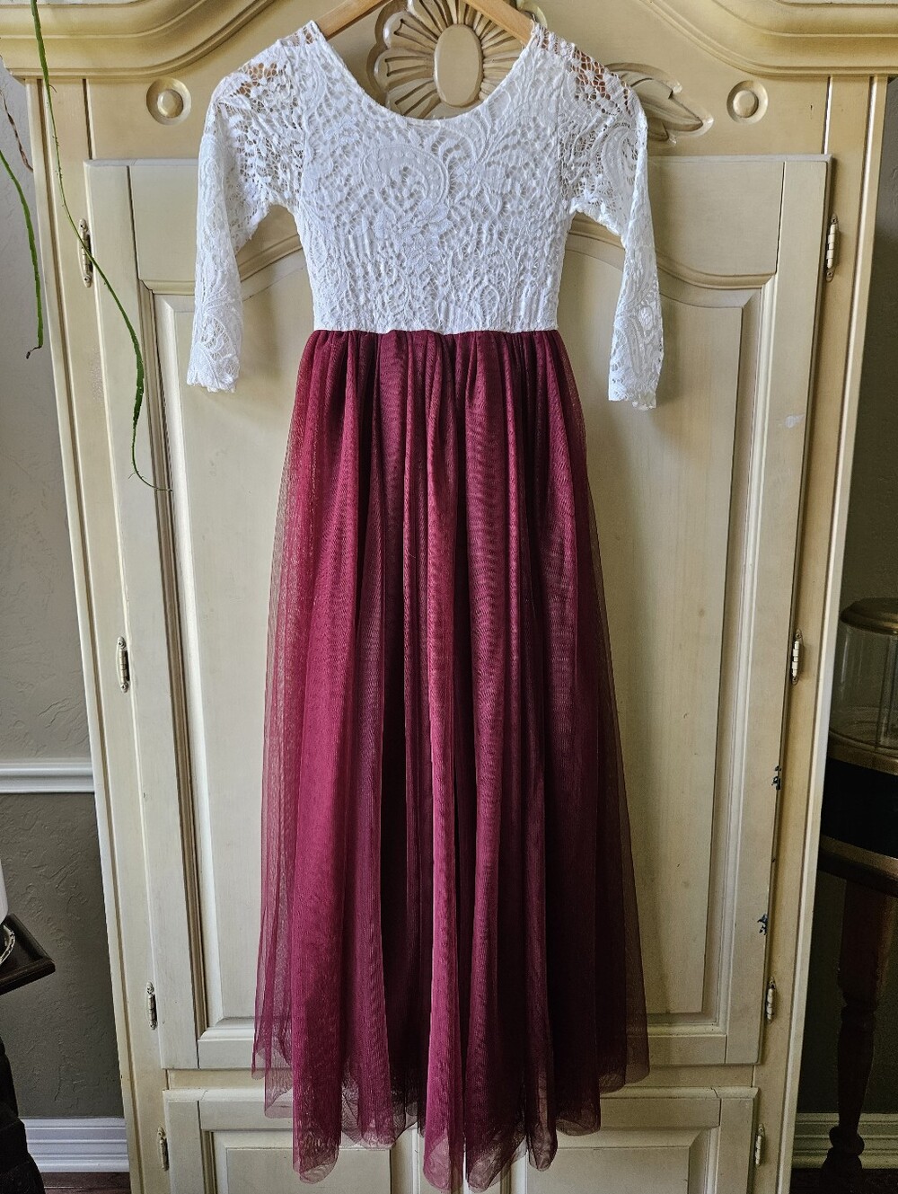 Girls' Burgundy Tulle Gown with Ivory Lace Bodice Size 9